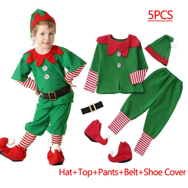 Color: green, Kid Size: 4T - New Year Kids Santa Claus Costume Green Elf Cosplay Christmas Carnival Party Fancy Dress for Girls Boys Red Xmas Clothes Set