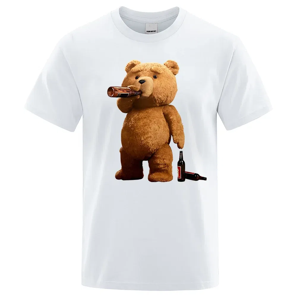 Color: GRAY, Size: XXL - Lovely Ted Bear Drink Beer Poster Funny Printed T-Shirt Men Fashion Casual Short Sleeves Loose Oversize Tee Street Hip Hop Tops