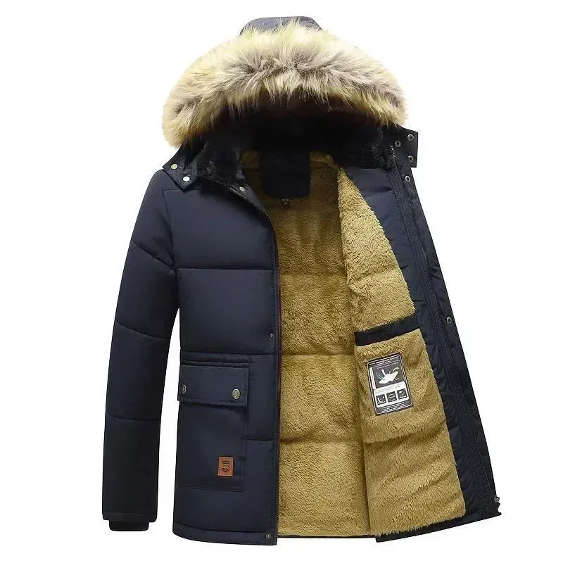 Color: Beige, Size: M - 2024 New Men Winter Autumn Work Outwearing Parka Black Fleece Lined Thick Warm Hooded Fur Collar Coat Male Size 5XL Plush Jacket