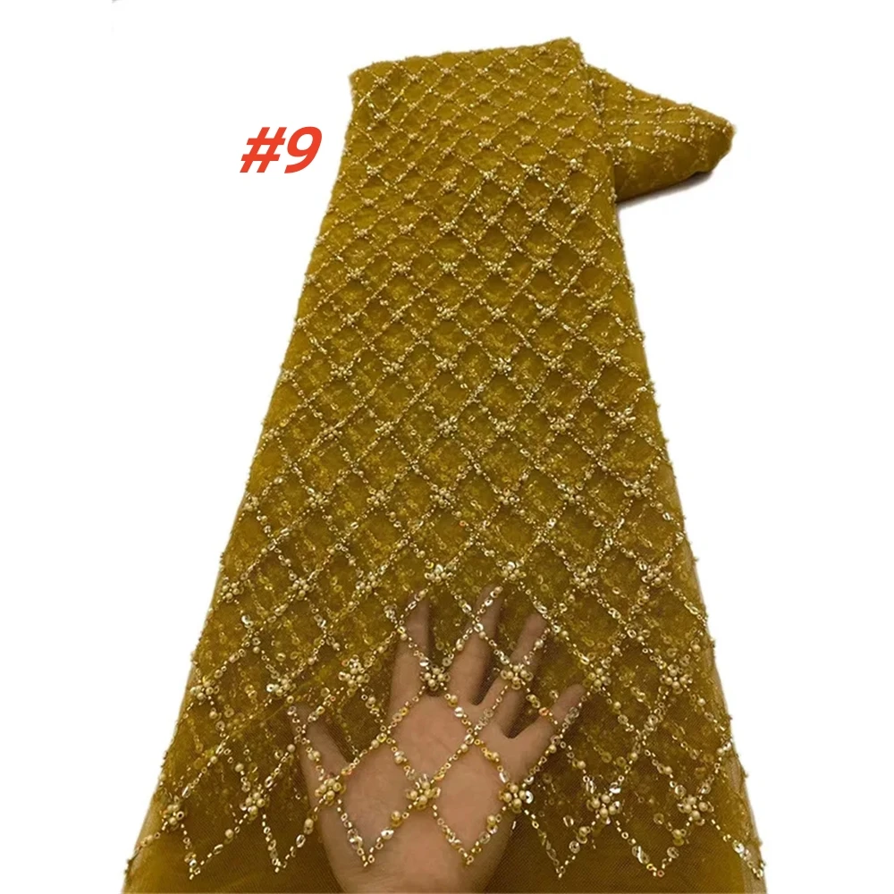 Color: Orange, Length: 1 yard, Width: 120cm - Gold African Sequins Lace Fabric 2025 High Quality French Nigerian Groom Lace Mesh Fabrics Beads For Sewing Dress Wedding Party