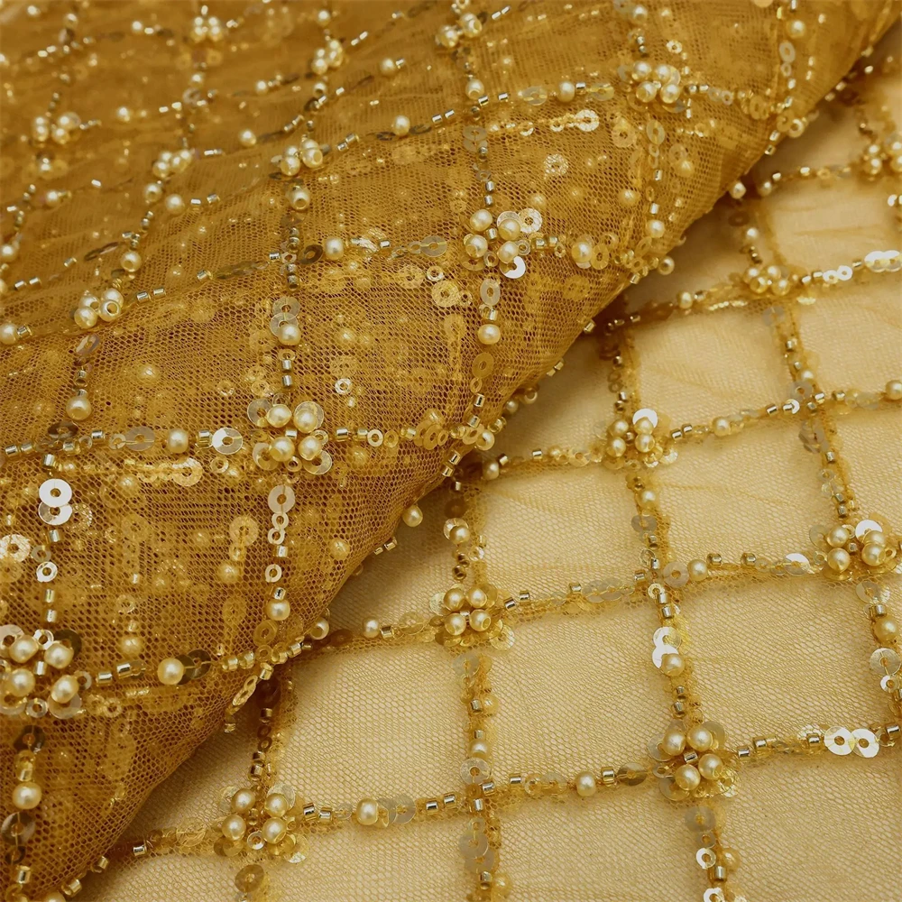 Color: Orange, Length: 1 yard, Width: 120cm - Gold African Sequins Lace Fabric 2025 High Quality French Nigerian Groom Lace Mesh Fabrics Beads For Sewing Dress Wedding Party