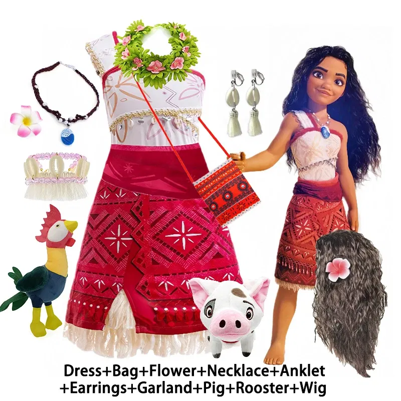 Color: army green, Kid Size: 13T - Disney Movie Moana 2 Girl Dress Cosplay Party Costume Ocean Adventure Princess Fancy Clothes Children Vaiana Outfit Dress