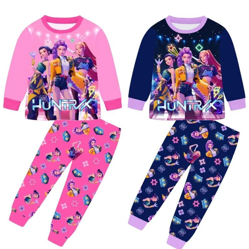 Color: black, Size: 12cm - 2pcs Movie K-pops Demons Hunters Kawaii Pajamas Set Girl Cosplay Nightwears Anime Long Sleeve tops+Pants Fans Halloween Gift