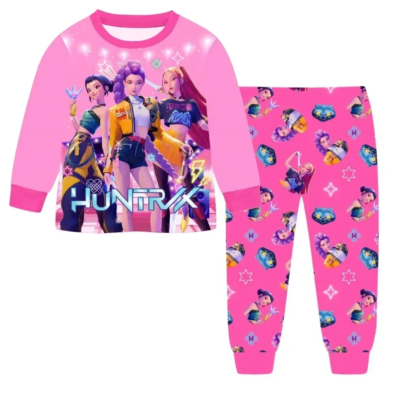Color: black, Size: 12cm - 2pcs Movie K-pops Demons Hunters Kawaii Pajamas Set Girl Cosplay Nightwears Anime Long Sleeve tops+Pants Fans Halloween Gift