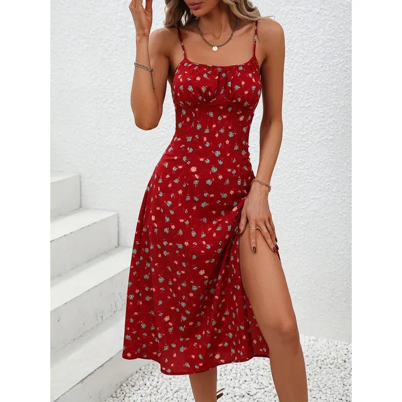 Color: Gold, Size: S - 2025 Summer Sexy Spaghetti Straps Dress Women Fashion Polka Dot Print Sleeveless Slit Dress Boho Casual Beach Midi Dresses