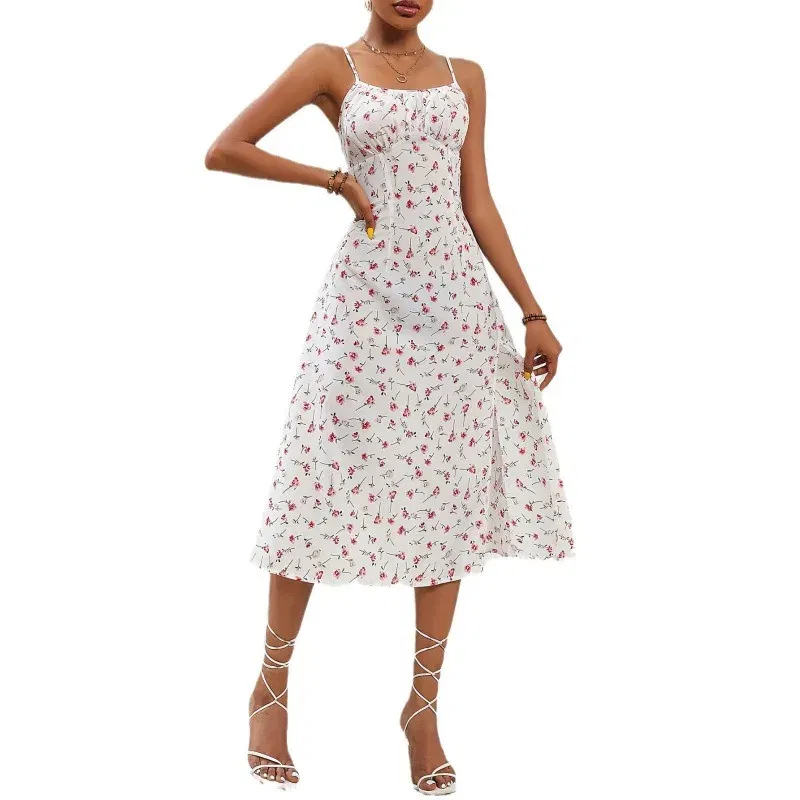 Color: Gold, Size: S - 2025 Summer Sexy Spaghetti Straps Dress Women Fashion Polka Dot Print Sleeveless Slit Dress Boho Casual Beach Midi Dresses