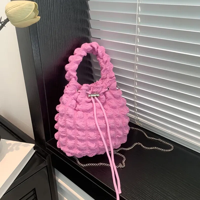 Color: Beige - Pearl puff fashion pop bucket bag pleated lines dopamine color youth smell girlishness sweet casual