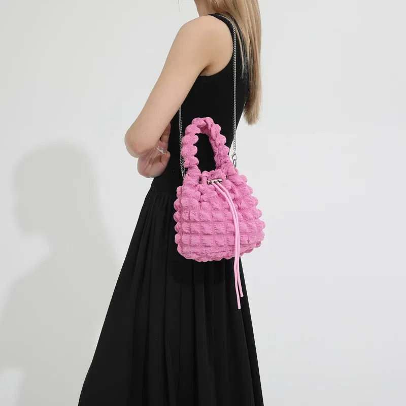 Color: Beige - Pearl puff fashion pop bucket bag pleated lines dopamine color youth smell girlishness sweet casual