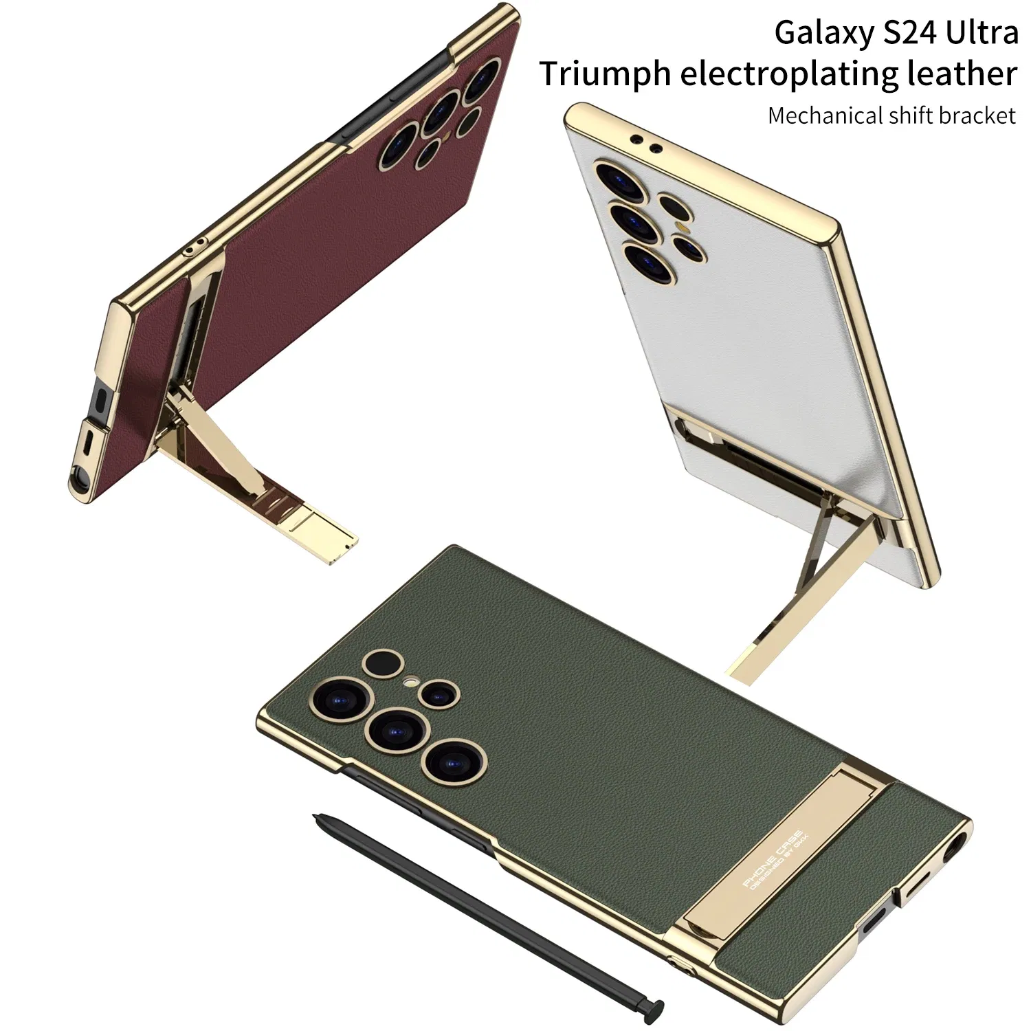Color: Beige, Bundle: Case & Strap, Material: Canvas - For Samsung Galaxy S24 Ultra Plus Case Luxury Electroplated Gold Border Plain Leather Bracket Shockproof Back Cover Accessories