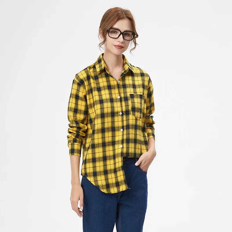 Color: Light Grey, Size: XS - Fresh Flannel Plaid Shirt Women 2024 New Female Blouses and Tops Cotton Loose Long Sleeve Casual Shirts Fine Women's Clothes