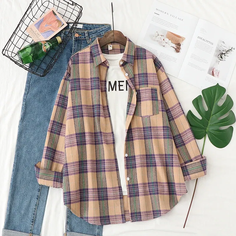 Color: Light Grey, Size: XS - Fresh Flannel Plaid Shirt Women 2024 New Female Blouses and Tops Cotton Loose Long Sleeve Casual Shirts Fine Women's Clothes