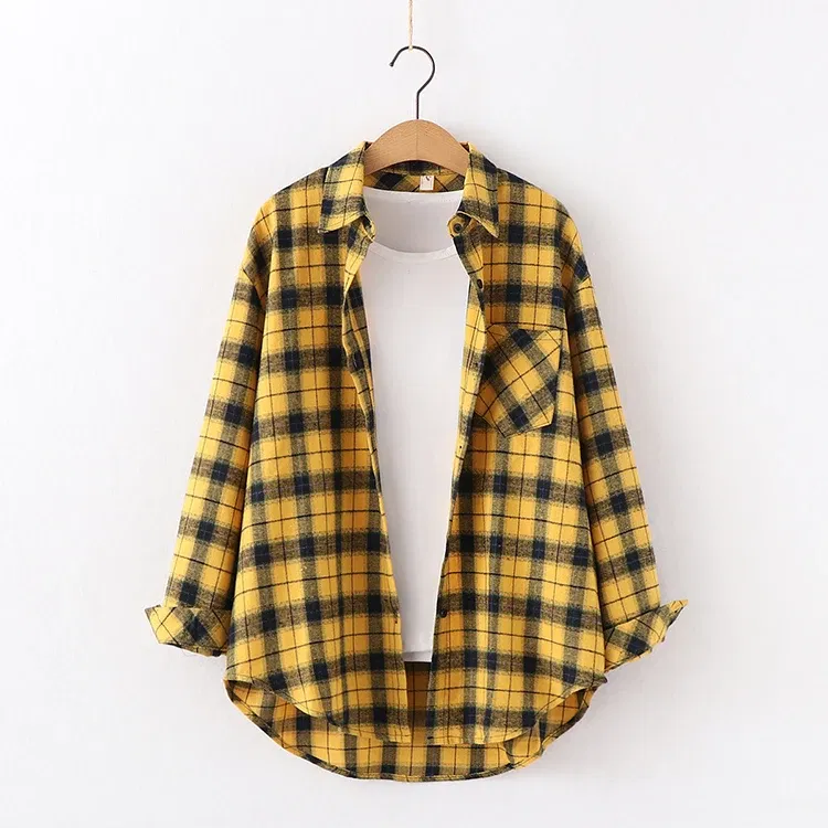 Color: Light Grey, Size: XS - Fresh Flannel Plaid Shirt Women 2024 New Female Blouses and Tops Cotton Loose Long Sleeve Casual Shirts Fine Women's Clothes