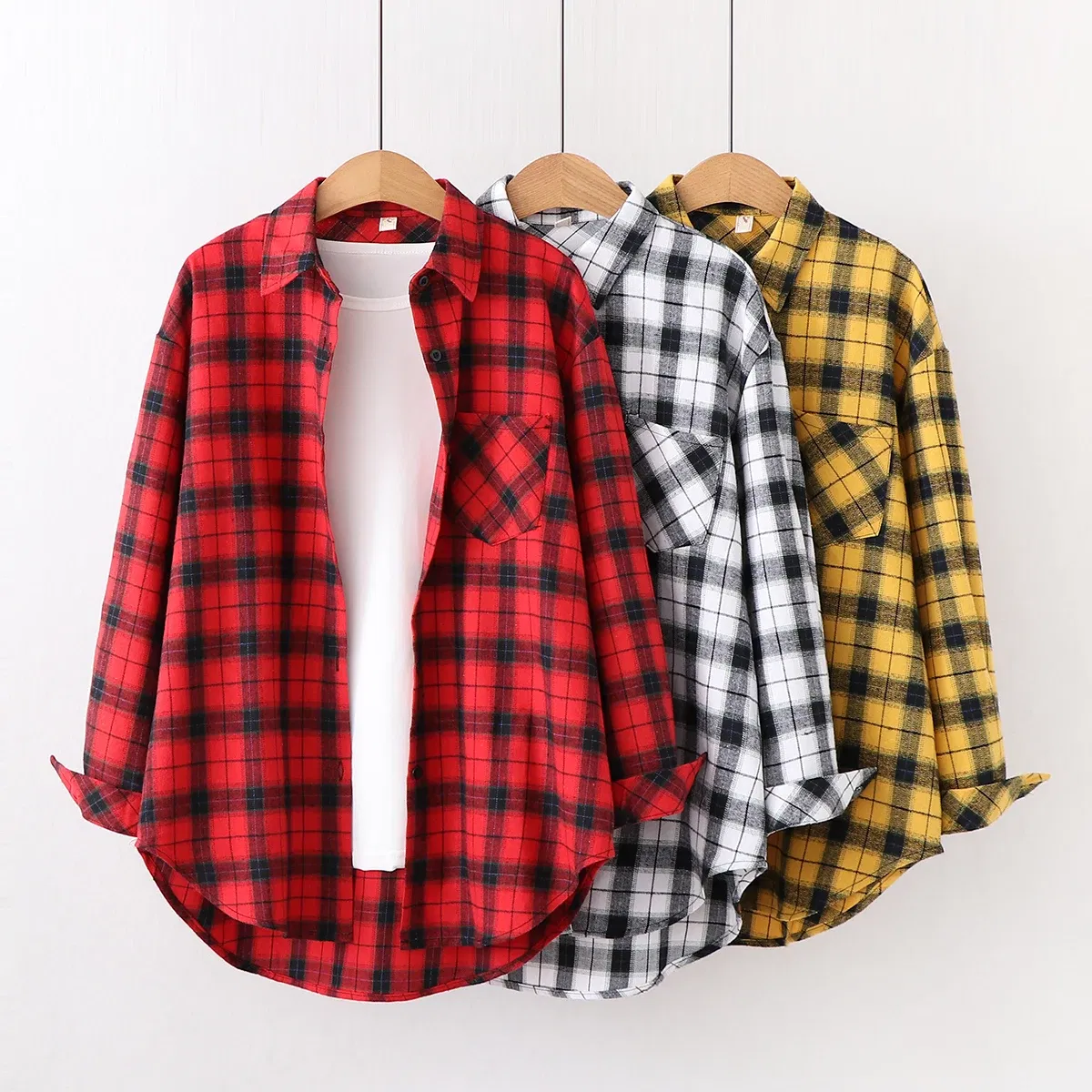 Color: Light Grey, Size: XS - Fresh Flannel Plaid Shirt Women 2024 New Female Blouses and Tops Cotton Loose Long Sleeve Casual Shirts Fine Women's Clothes