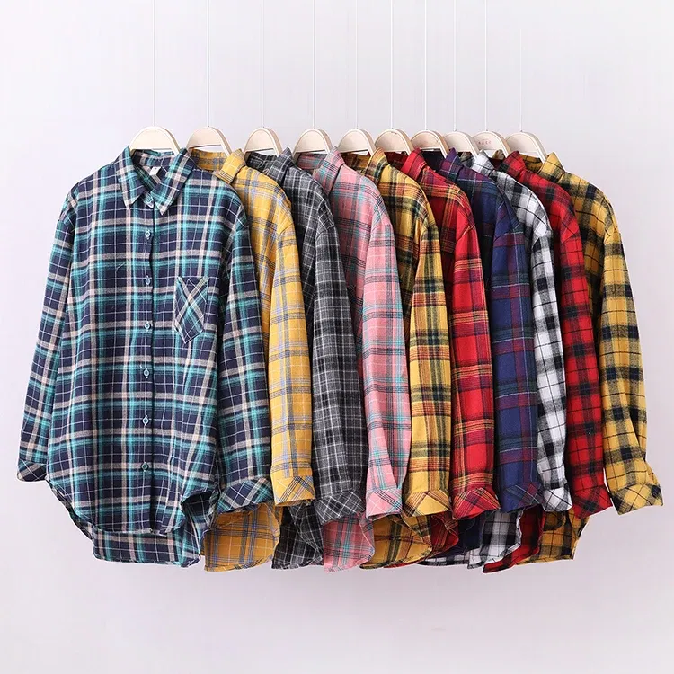 Color: Light Grey, Size: XS - Fresh Flannel Plaid Shirt Women 2024 New Female Blouses and Tops Cotton Loose Long Sleeve Casual Shirts Fine Women's Clothes