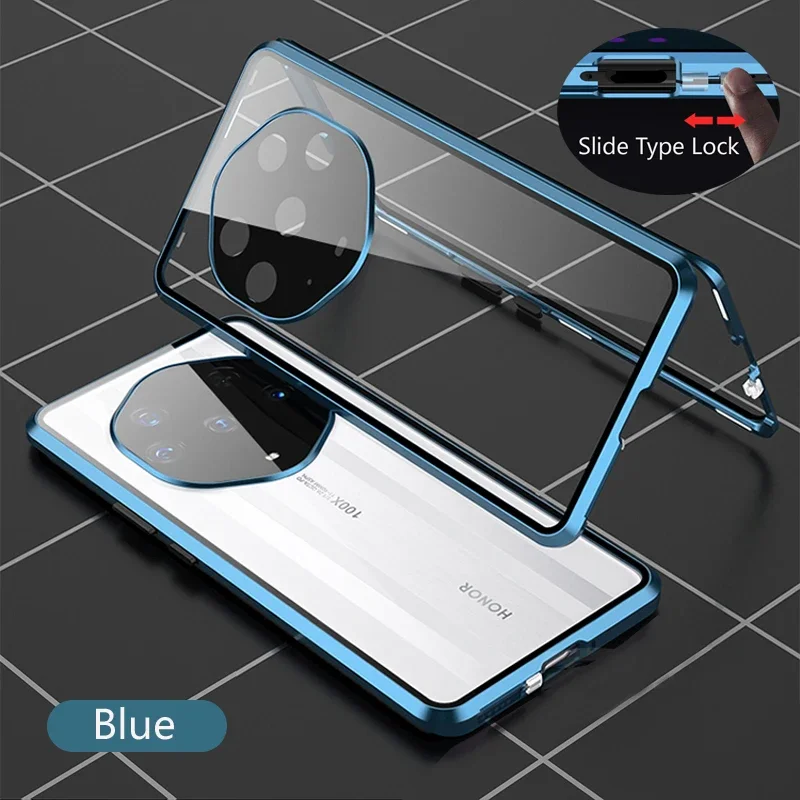 Color: Blue, Material: Silicon - Double Sided Glass Magnetic Metal Snap Lock Phone Case For Honor Magic 4 5 Ultimate 6 Lite 7 Pro Lens Protection Cover Cases