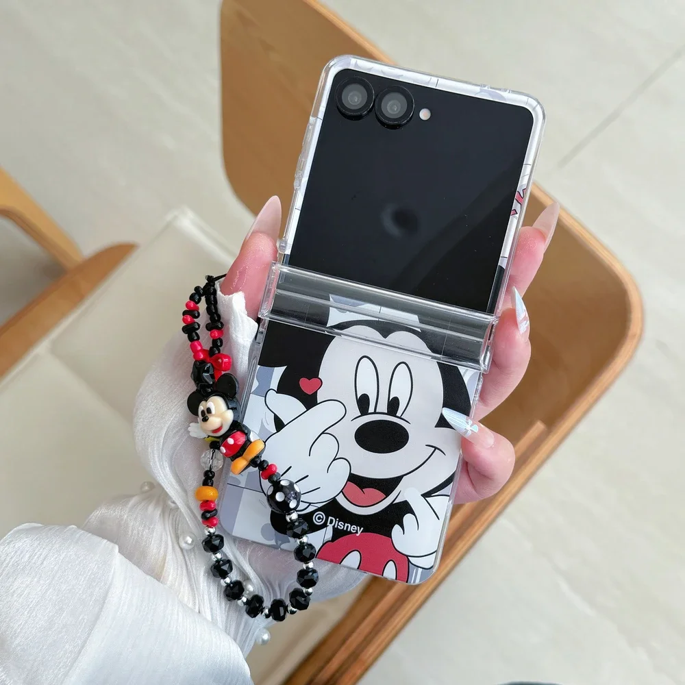 Material: aluminum, Color: Clear - Cute Cartoon Disney Mickey Minnie Mouse Phone Case For Samsung Galaxy Z Flip 7 6 5 4 3 Stand Holder Case Hard Cover With Lanyard