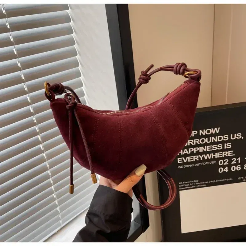 Color: Burgundy - Velvet Material Zipper 2024 High Quality Shoulder Bag Solid Color Simple Fashionable Crossbody Bag Soft Western Style Handbag