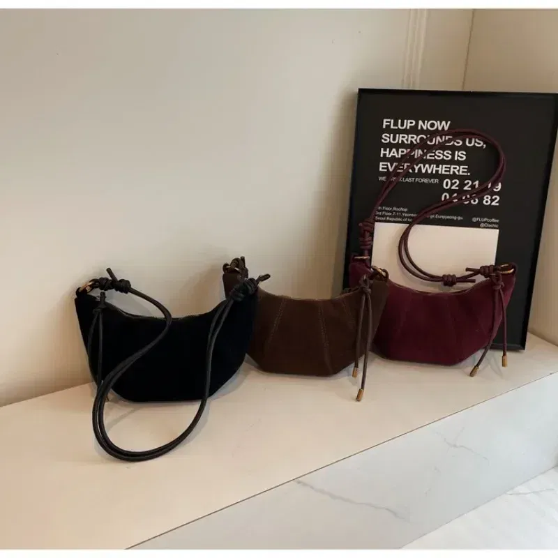 Color: Burgundy - Velvet Material Zipper 2024 High Quality Shoulder Bag Solid Color Simple Fashionable Crossbody Bag Soft Western Style Handbag