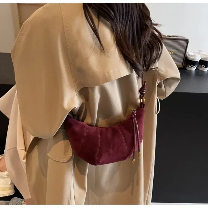 Color: Burgundy - Velvet Material Zipper 2024 High Quality Shoulder Bag Solid Color Simple Fashionable Crossbody Bag Soft Western Style Handbag