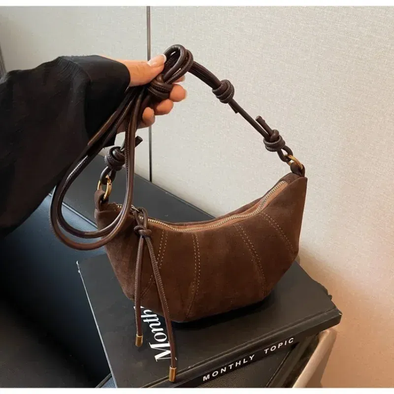 Color: Burgundy - Velvet Material Zipper 2024 High Quality Shoulder Bag Solid Color Simple Fashionable Crossbody Bag Soft Western Style Handbag