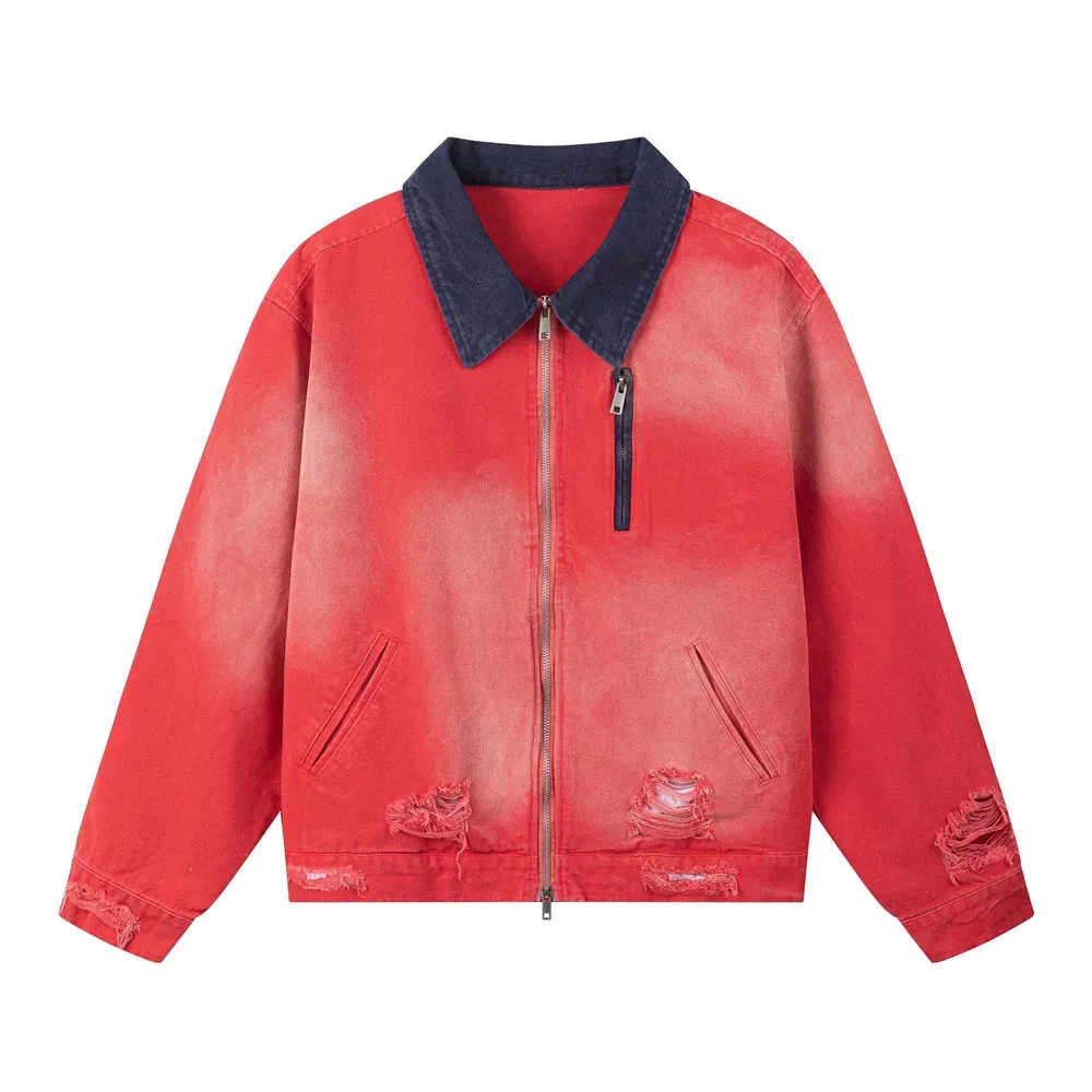 Color: Red, Size: M - Color Block Cargo Jacket Mens Ripped Spring Retro High Street Loose Lapel Long Sleeve Outerwear Men