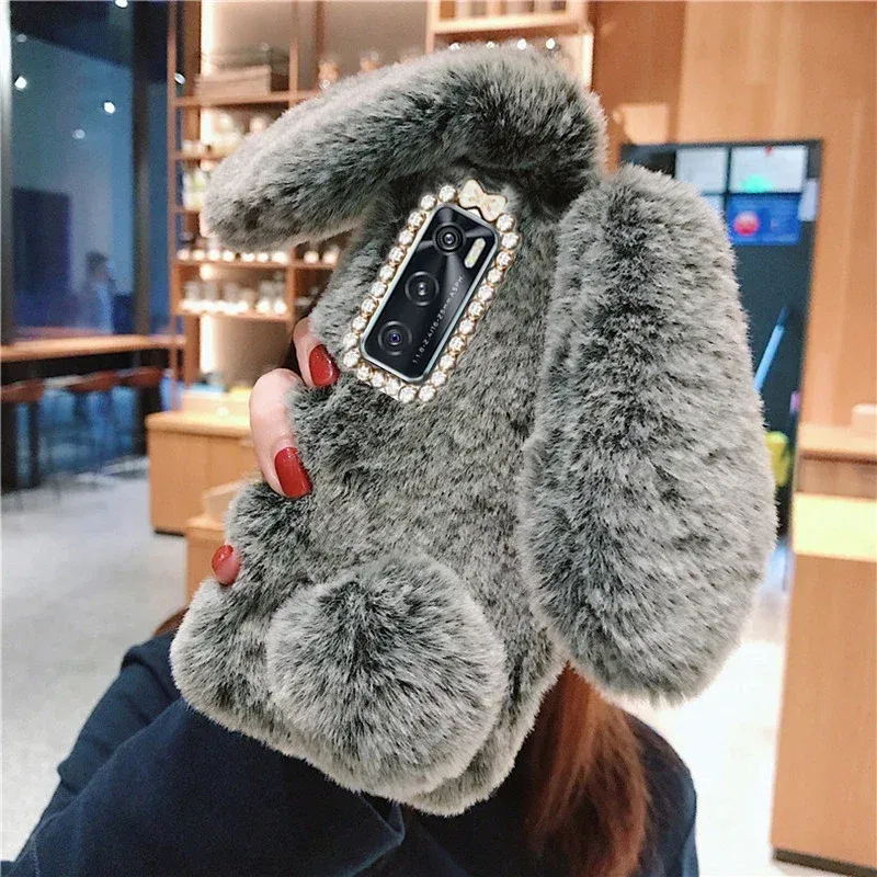 Color: pink, Material: Carbon Fiber - Warm Plush Rabbit Fluffy fur Cover for Samsung A15 A25 A35 A55 A14 A24 A34 A54 A13 A23 A33 A53 A12 A22 A32 A52 A51 Phone Case