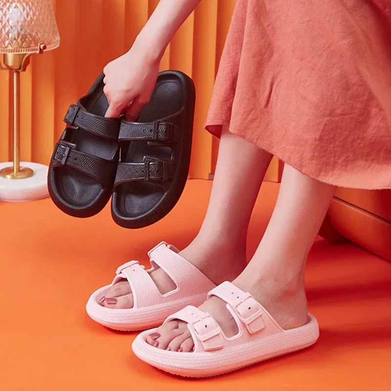 Color: Chocolate, Shoe Size: 4.5 - Fashion Buckle Thick Platform Slippers Women Home Soft Sole eva Cloud Slides Sandals Woman 2023 Summer Non Slip Beach Flip Flops