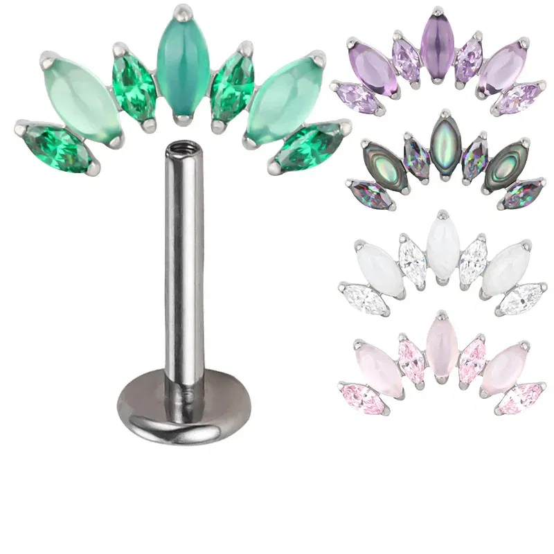 Metal color: Gold-color, Ships From: CHINA, Main Stone Color: Green - ASTM F136 Titanium EAR PIERC with 7 Natural Stone and Zircon Top Tragus Earrings Ear Lip Helix Studs Tongue Piercing Jewelry