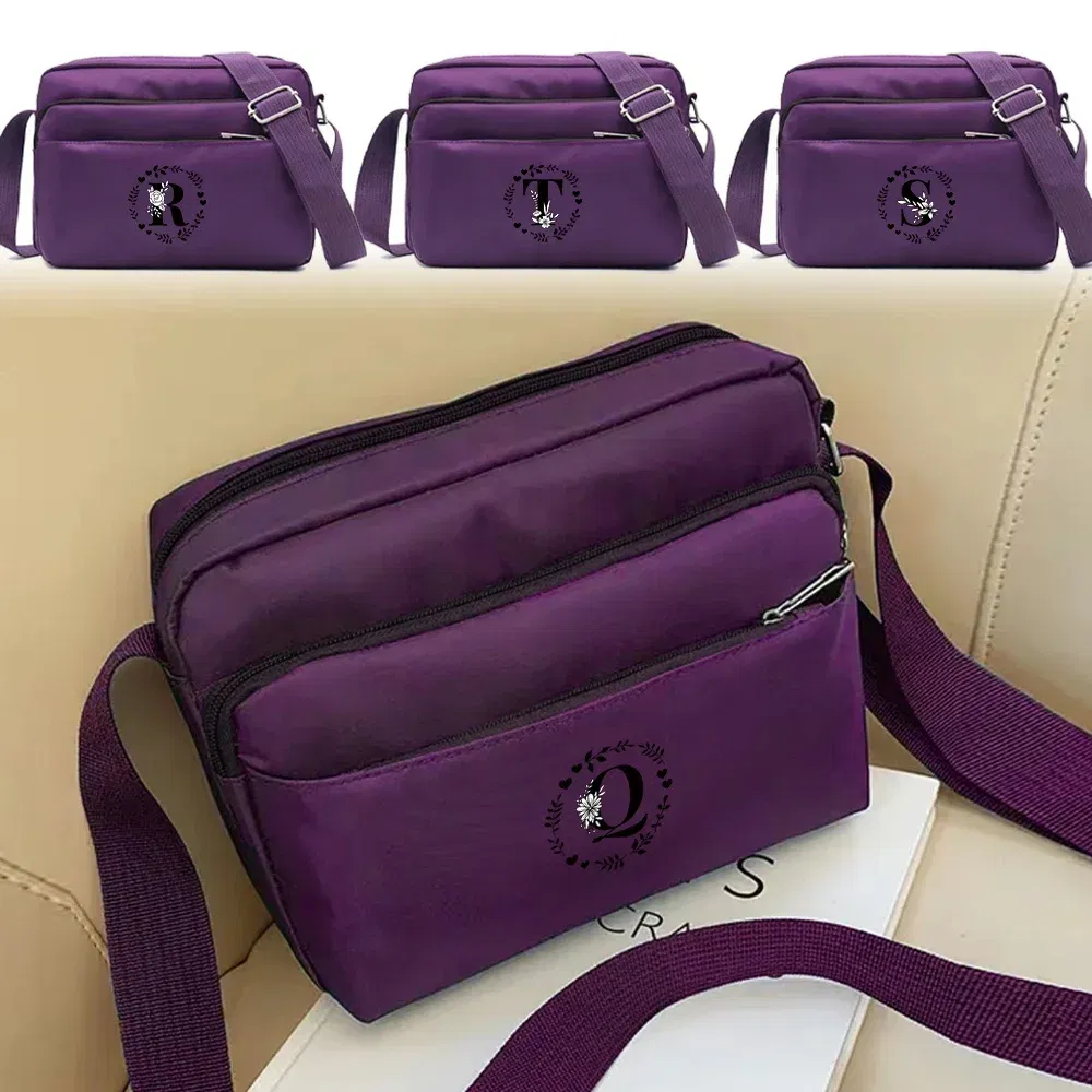 Color: Ivory - Purple One Shoulder Crossbody Bag Portable Commuting Large Capacity Simplicity Storage Bag Garland Letter Series Print Pattern