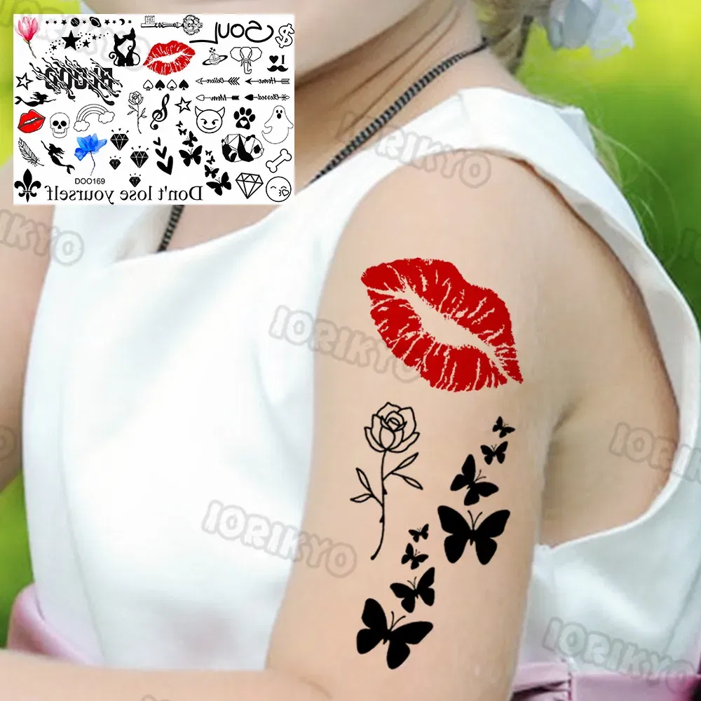 Color: Mixed Color - Sexy Red Lips Flower Temporary Tattoo For Kids Boys Girls Adult Small Rose Butterfly Tattoos Sticker Fake Tatoos Arm Neck Face