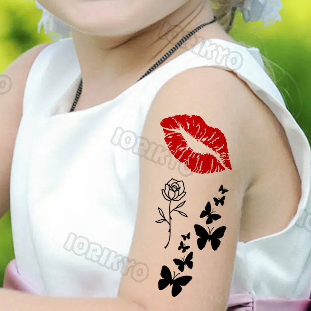 Color: Mixed Color - Sexy Red Lips Flower Temporary Tattoo For Kids Boys Girls Adult Small Rose Butterfly Tattoos Sticker Fake Tatoos Arm Neck Face