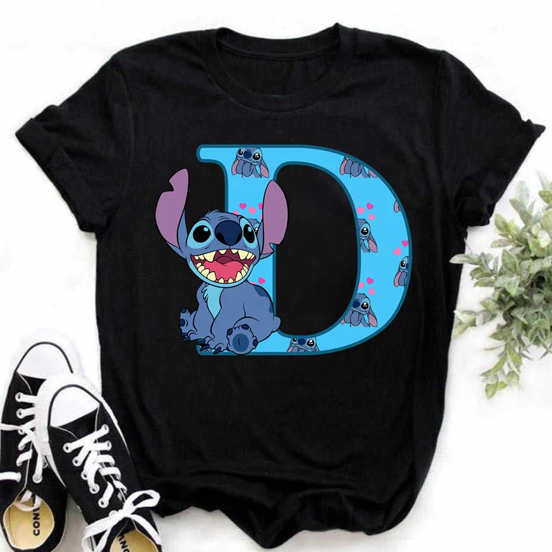 Color: Gold, Size: XL - Disney Lilo&Stitch A-Z Alphabet Summer Women's Printed T-Shirt Women's Casual Tops T-Shirt Fashion Cartoon Plus Size T-Shirt
