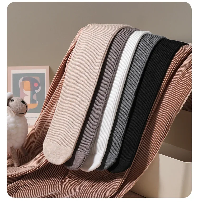 Color: WHITE, Size: XXS - Autumn Winter New Thin Plush Vertical Stripe Solid Color Girls' Pantyhose With Plush Warm Children's Bottom Socks and Panties