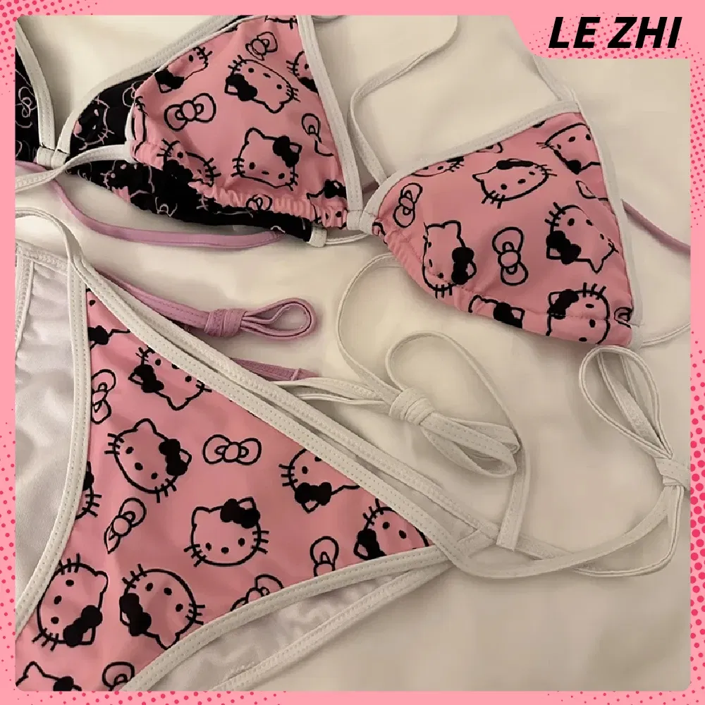 Color: Deep Sapphire, Size: S - Kawaii Hello Kitty Bikini Cartoon Printing Two-piece Swimsuit Euro-american Spice Girl Underwear Sexy Bikini Holiday Gift