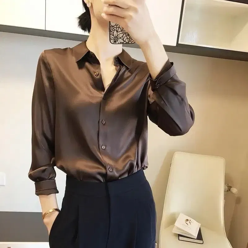 Color: Coffee, Size: XL - All-match Satin Finish Shirts And Blouses Women Clothing Casual Top OL Long Sleeve Button Elegant Shirts French Solid Blouses