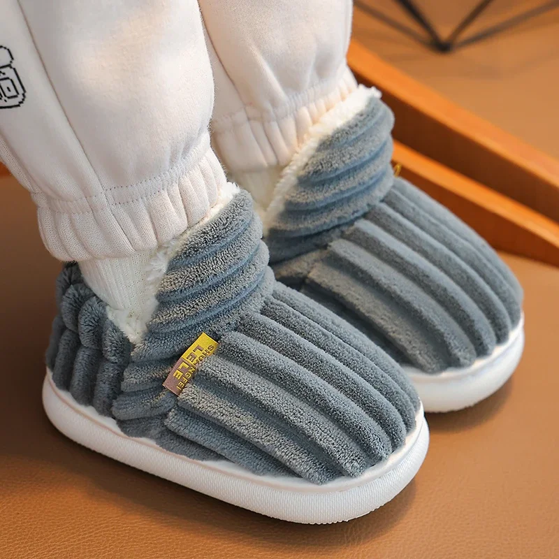 Color: Orange, Shoe Size: 3 - New Winter Concise Stripe Plush Slippers Children's Non-slip Soft Sole Kids Boys Girls Heel Wrap Warm High Home Cotton Shoes