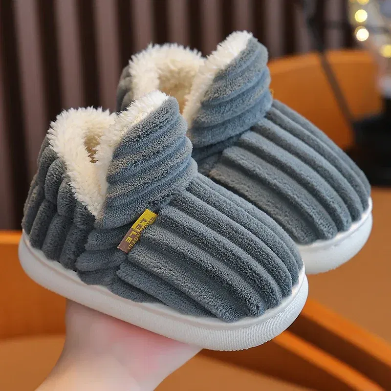 Color: Orange, Shoe Size: 3 - New Winter Concise Stripe Plush Slippers Children's Non-slip Soft Sole Kids Boys Girls Heel Wrap Warm High Home Cotton Shoes
