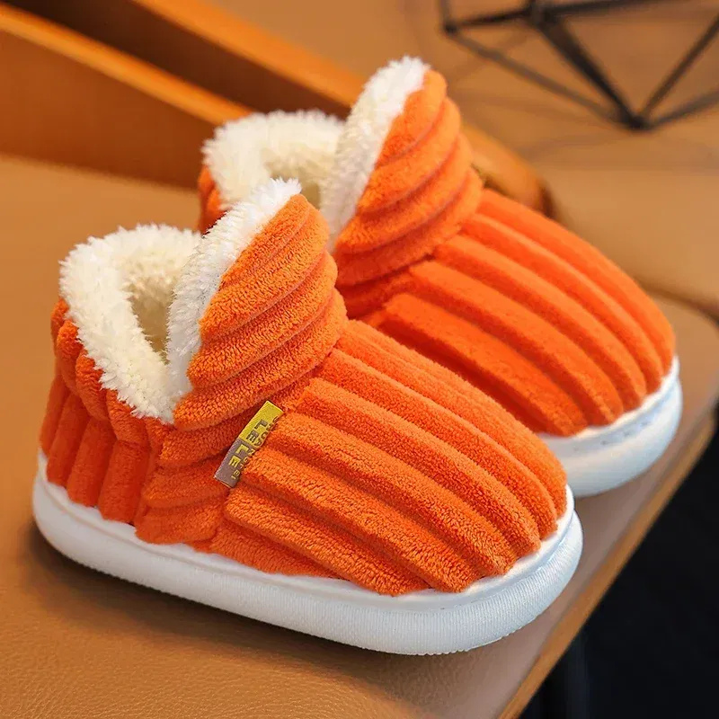 Color: Orange, Shoe Size: 3 - New Winter Concise Stripe Plush Slippers Children's Non-slip Soft Sole Kids Boys Girls Heel Wrap Warm High Home Cotton Shoes