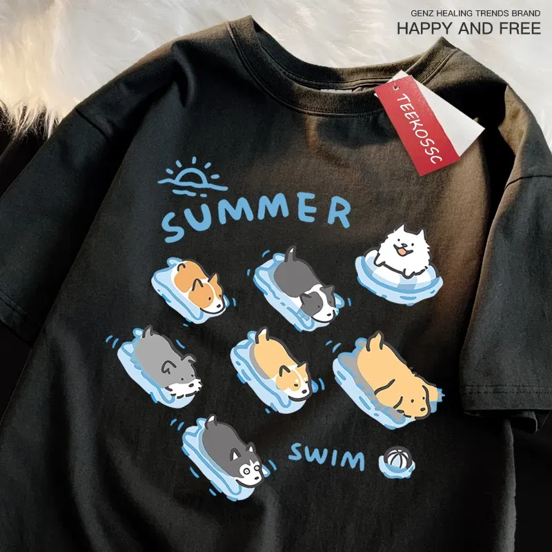Color: Dark Grey, Size: M - Fun Cat And Dog Swimming Japanese Style T-Shirt Female Casual Loose T-Shirts Summer Cotton Tops Fashion Breathable Tee Clothing