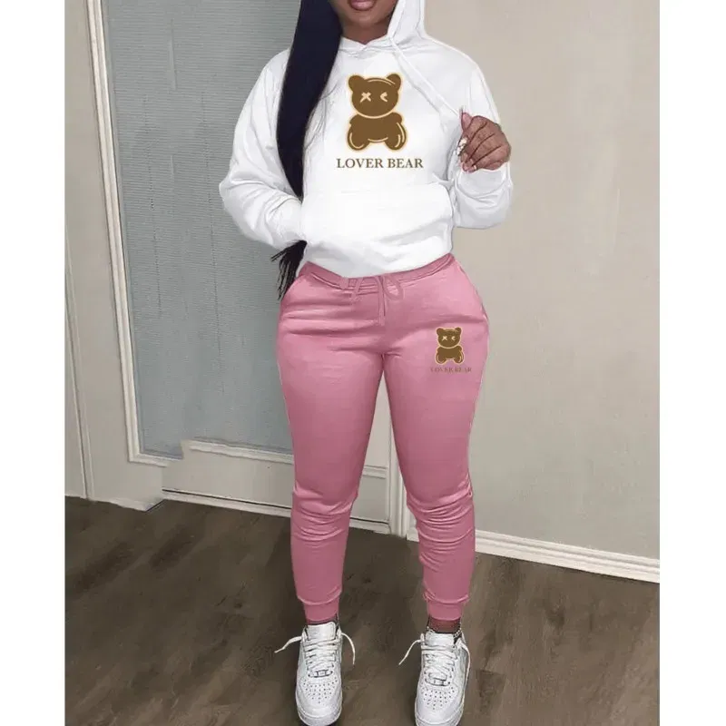 Color: PURPLE, Size: L - 2 Piece Set Women Outfit Letter Bear Print Hooded Neck Hoodies Sweatshirt Pants Tracksuit 2024 Plus Size Streetwear Casual Suit