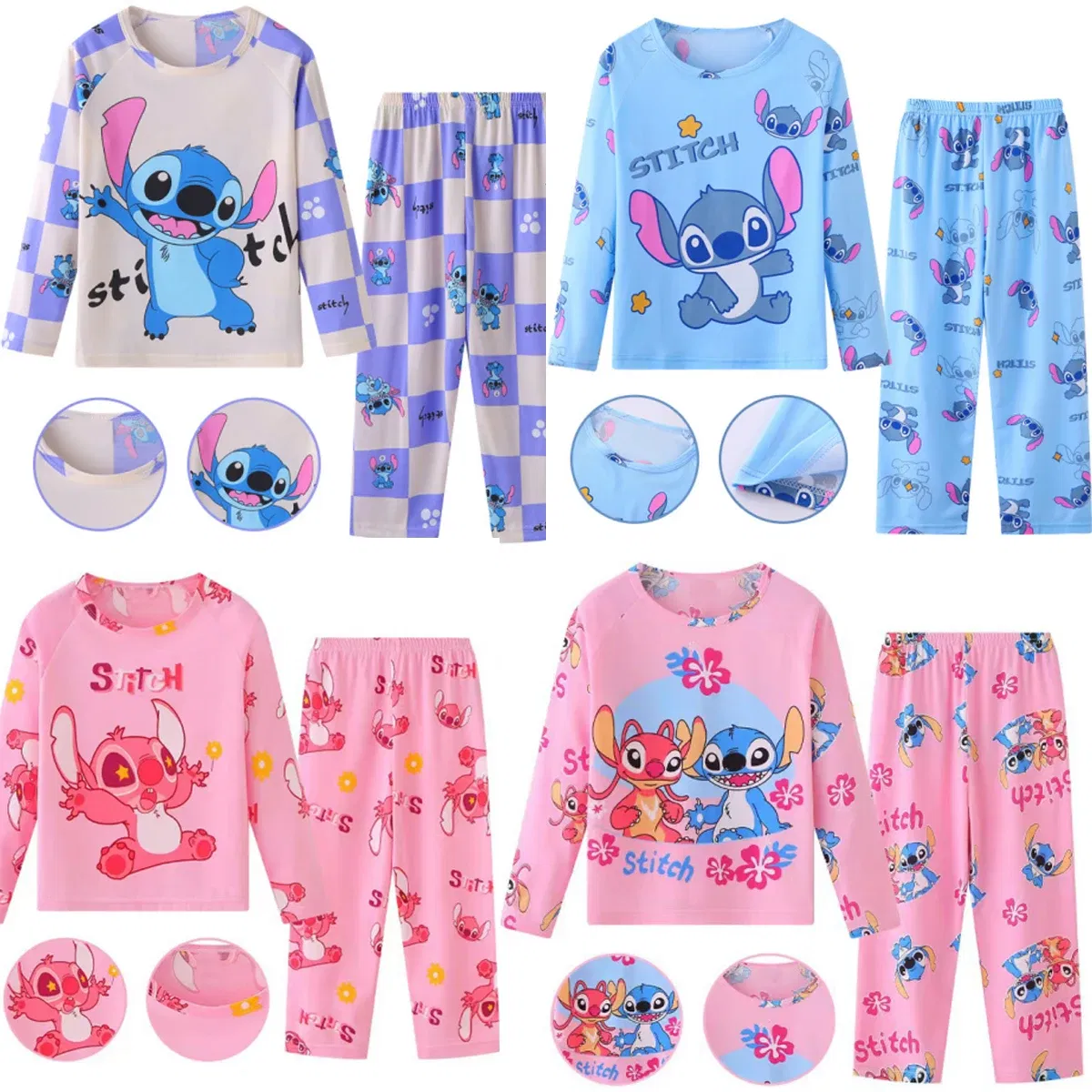 Color: Rose Red, Kid Size: 11 - 2pcs/set New Disney Stitch Children Pyjamas for Boys and Girls Sets Kid Minnie Home Wear Travel Casual Sleepwear Suit Cute Gift