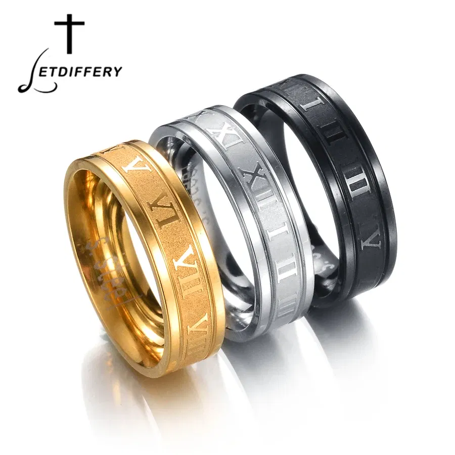 Main Stone Color: WHITE, Ring Size: 8.5 - Letdiffery 6mm Punk Roman Numerals Rings High Quality Stainless Steel Women Men Jewelry For Wholesale Dropshipping