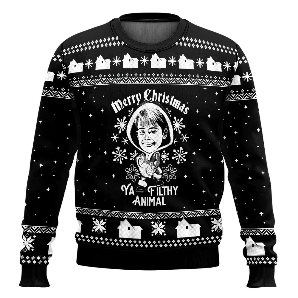 Color: Yellow, Size: XXXL, Ships From: CHINA - Merry Christmas alone at home Ugly Christmas sweater cartoon animation Men's pullover 2026 fashionable couple shirts Sweatshirt
