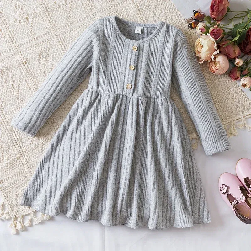 Color: Dark Grey, Kid Size: 9 - Autumn and Winter Girls Knitted Sweater Dress Solid Color Soft Long Sleeve Dress Children Christmas Costume Birthday Casual Wear