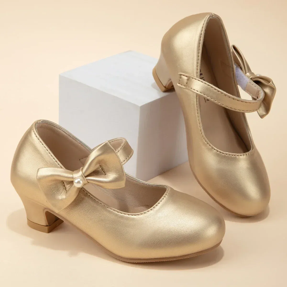 Shoe Size: 30, Color: WHITE - Children's Bowknot Wedding Party Princess Shoes Big Kids White Gold Dance Dress Shoes Small Square Heel Children's Shoes