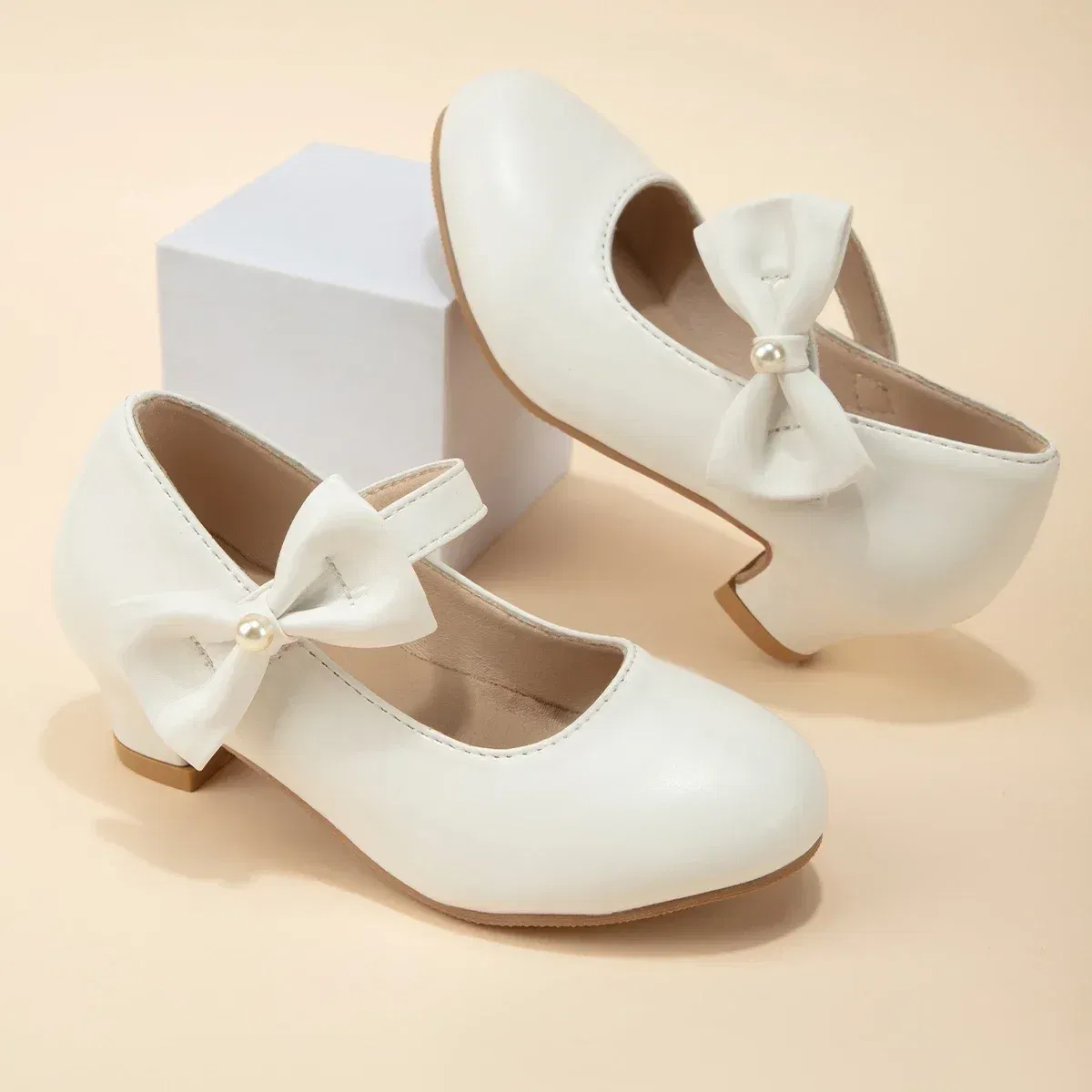Shoe Size: 30, Color: WHITE - Children's Bowknot Wedding Party Princess Shoes Big Kids White Gold Dance Dress Shoes Small Square Heel Children's Shoes
