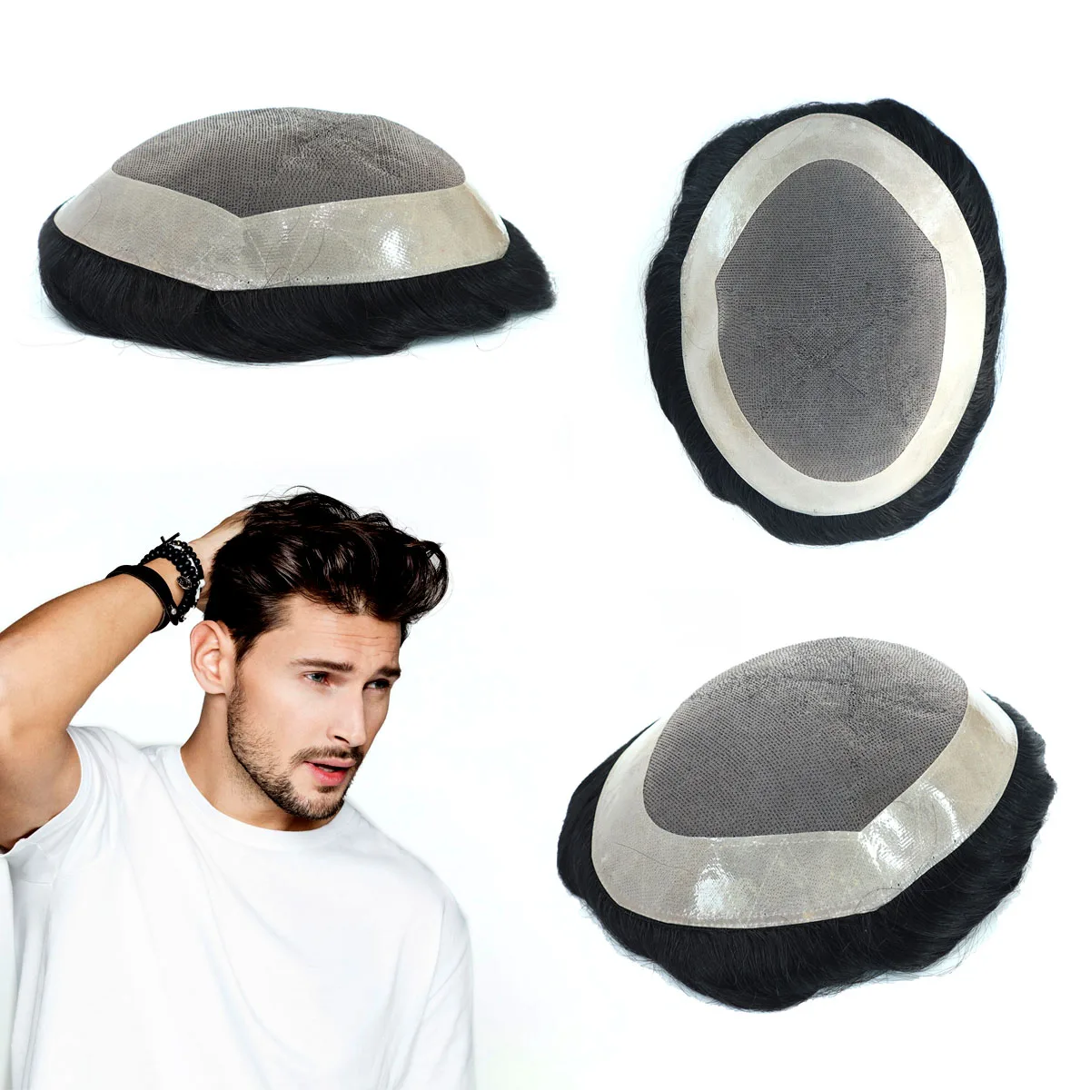 Toupee Color: 1b#, Toupee Density: 130%, Length: 8 inches, Ships From: CN, Toupee Size: 5x7, Toupee Design: free - Hywel 6 Inches Fine Mono Men Toupee Hair Men's Capillary Prosthesis Men's Wigs Replacement System Hair Natural Black Hair Units