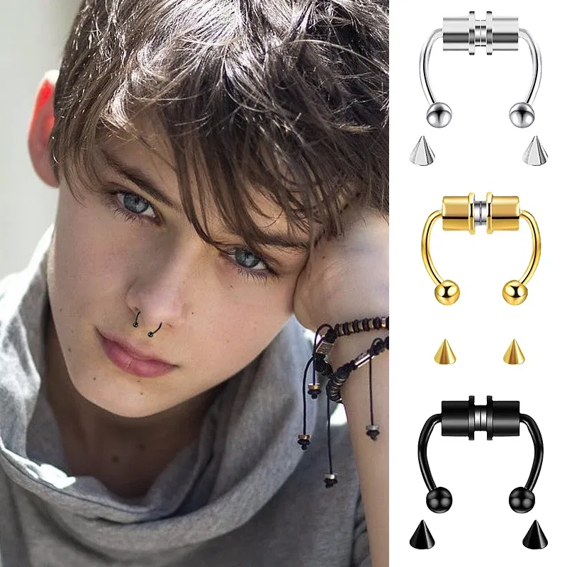 Metal color: Antique Copper Plated - Women Fake Piercing Nose Ring Hoop Septum Non Piercing Nose Clip Rock HipHoop Stainless Steel Magnet Fashion Punk Body Jewelry