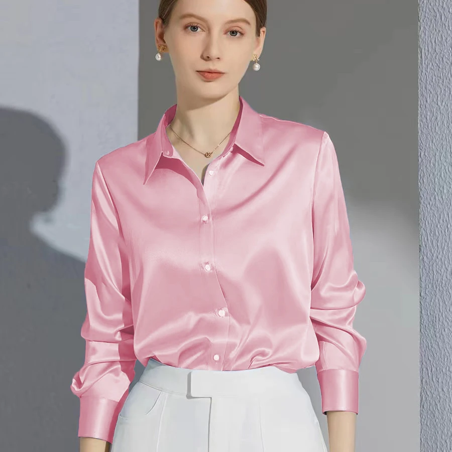 Color: Khaki, Size: 4XL - All-match Satin Finish Shirts And Blouses Women Clothing Casual Top OL Long Sleeve Button Elegant Shirts French Solid Blouses