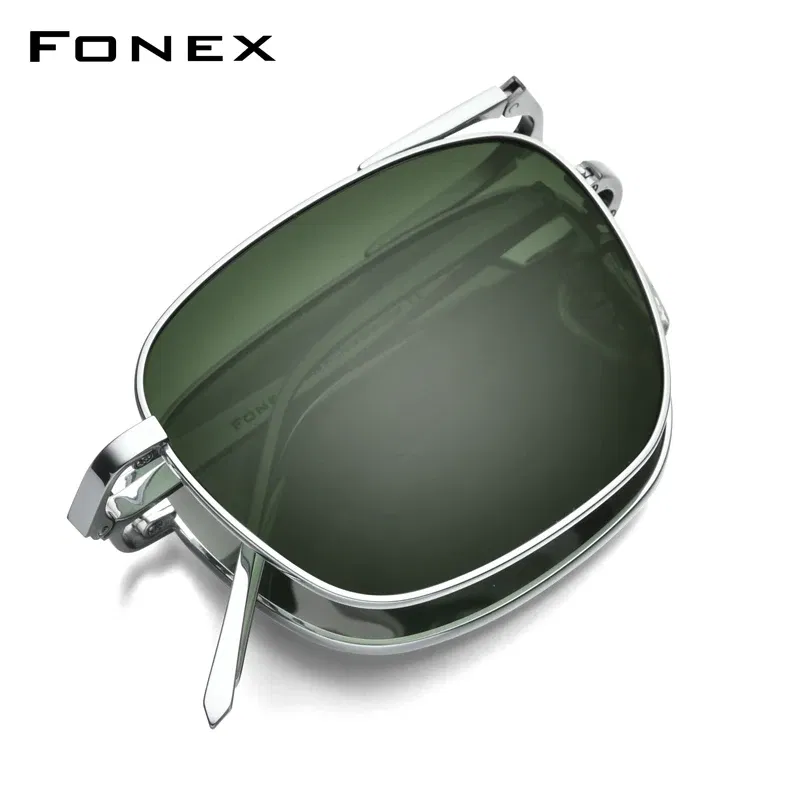 Lenses Color: Brown - FONEX Pure Titanium Polarized Sunglasses Men Folding Classic Square Sun Glasses for Men New High Quality Male Shades 839